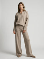 Ensemble col polo pantalon large fluide beige pour femme