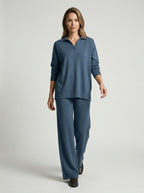 Ensemble col polo pantalon large fluide bleu pour femme