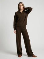 Ensemble col polo pantalon large fluide bordeaux pour femme