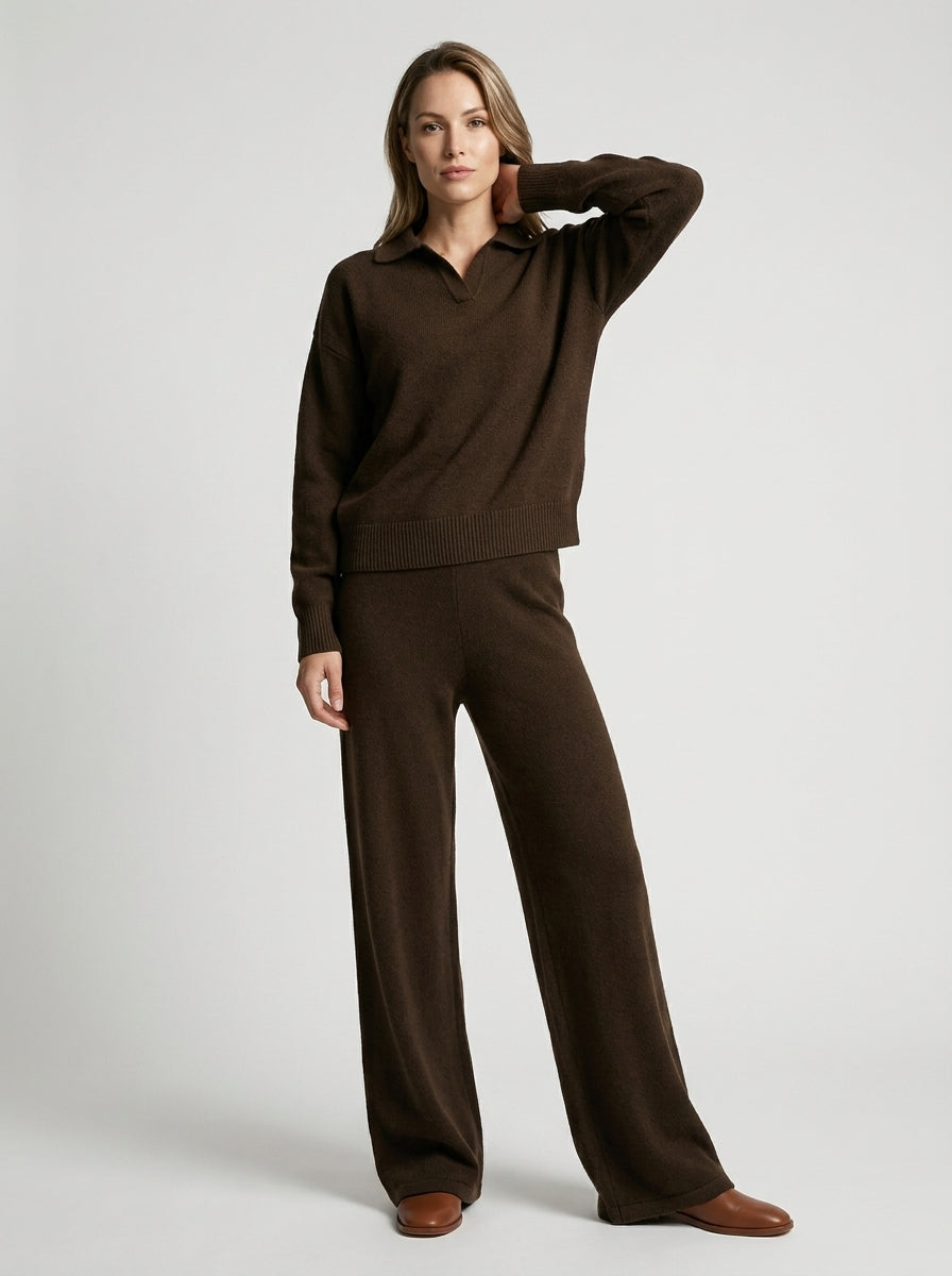 Ensemble col polo pantalon large fluide bordeaux pour femme