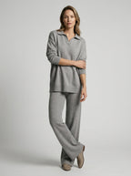 Ensemble col polo pantalon large fluide gris pour femme