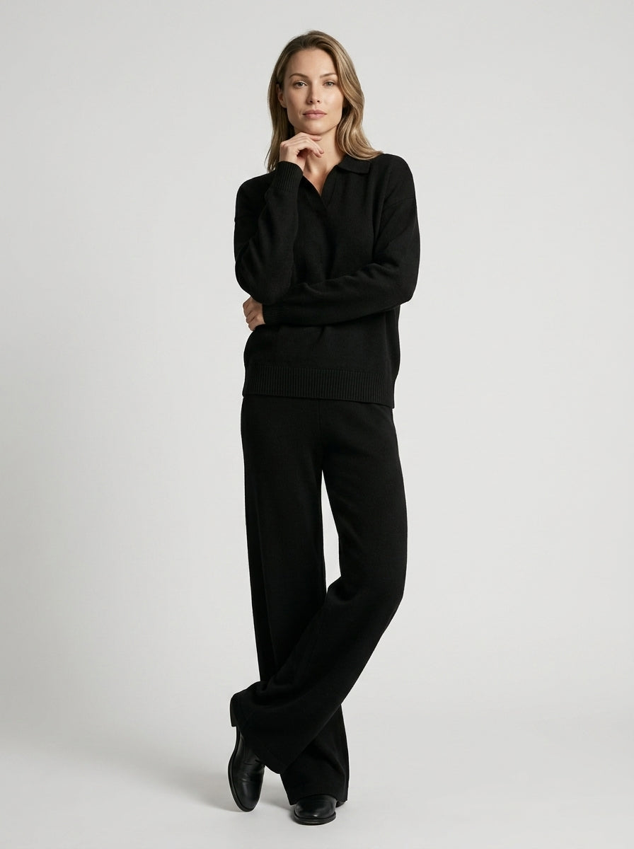 Ensemble col polo pantalon large fluide noir pour femme