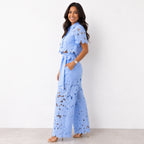 Ensemble dentelle florale ajourée pantalon large bleu ciel pour femme