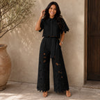 Ensemble dentelle florale ajourée pantalon large noir pour femme