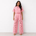 Ensemble dentelle florale ajourée pantalon large rose pour femme