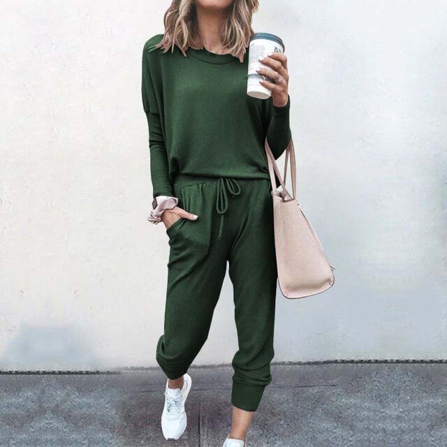 Ensemble deux pièces coupe décontractée avec haut ample vert pour femme