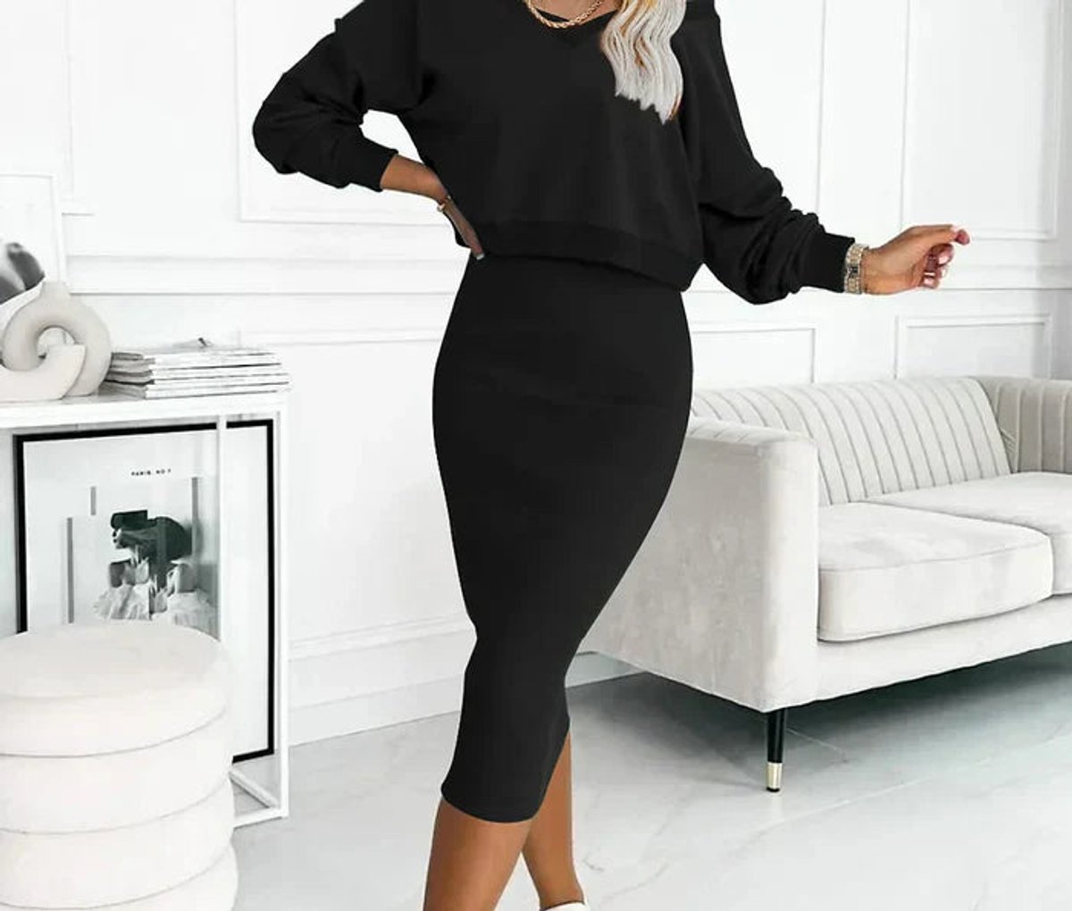Ensemble sweat ample et jupe midi moulante noir pour femme