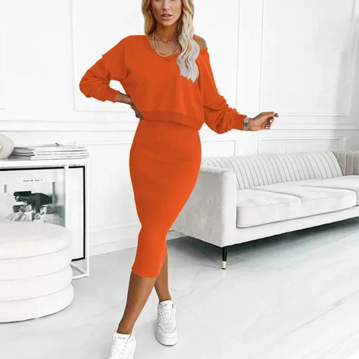 Ensemble sweat ample et jupe midi moulante orange pour femme