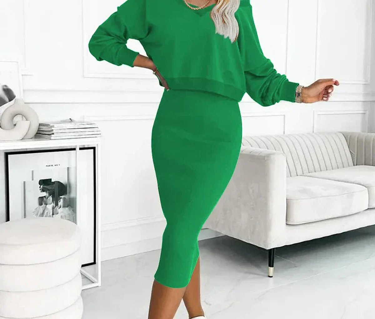 Ensemble sweat ample et jupe midi moulante vert pour femme