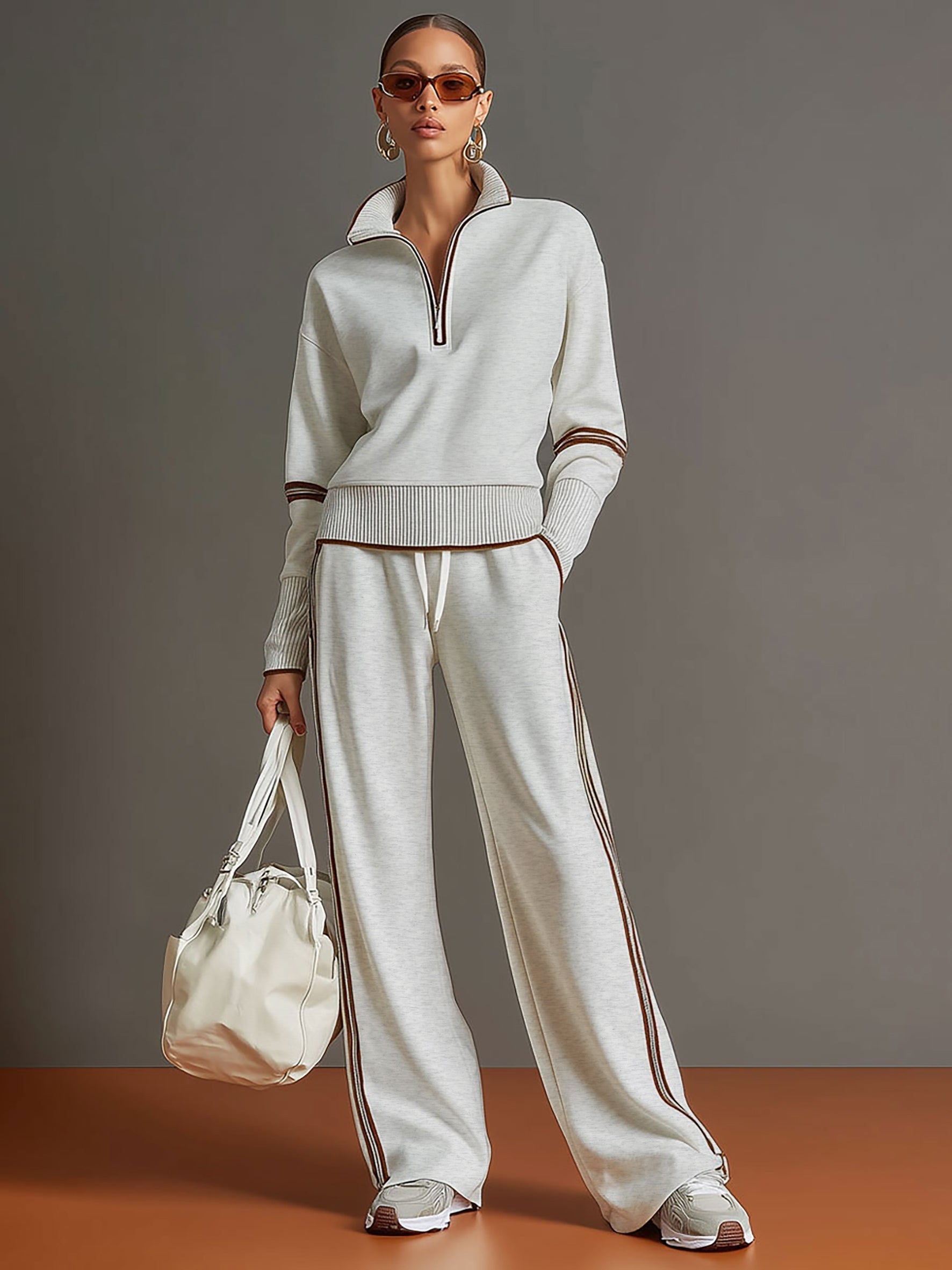 Ensemble sweat demi-zip et pantalon large à bandes pour femme