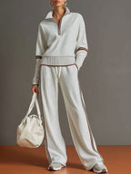 Ensemble sweat demi-zip et pantalon large à bandes gris blanc pour femme