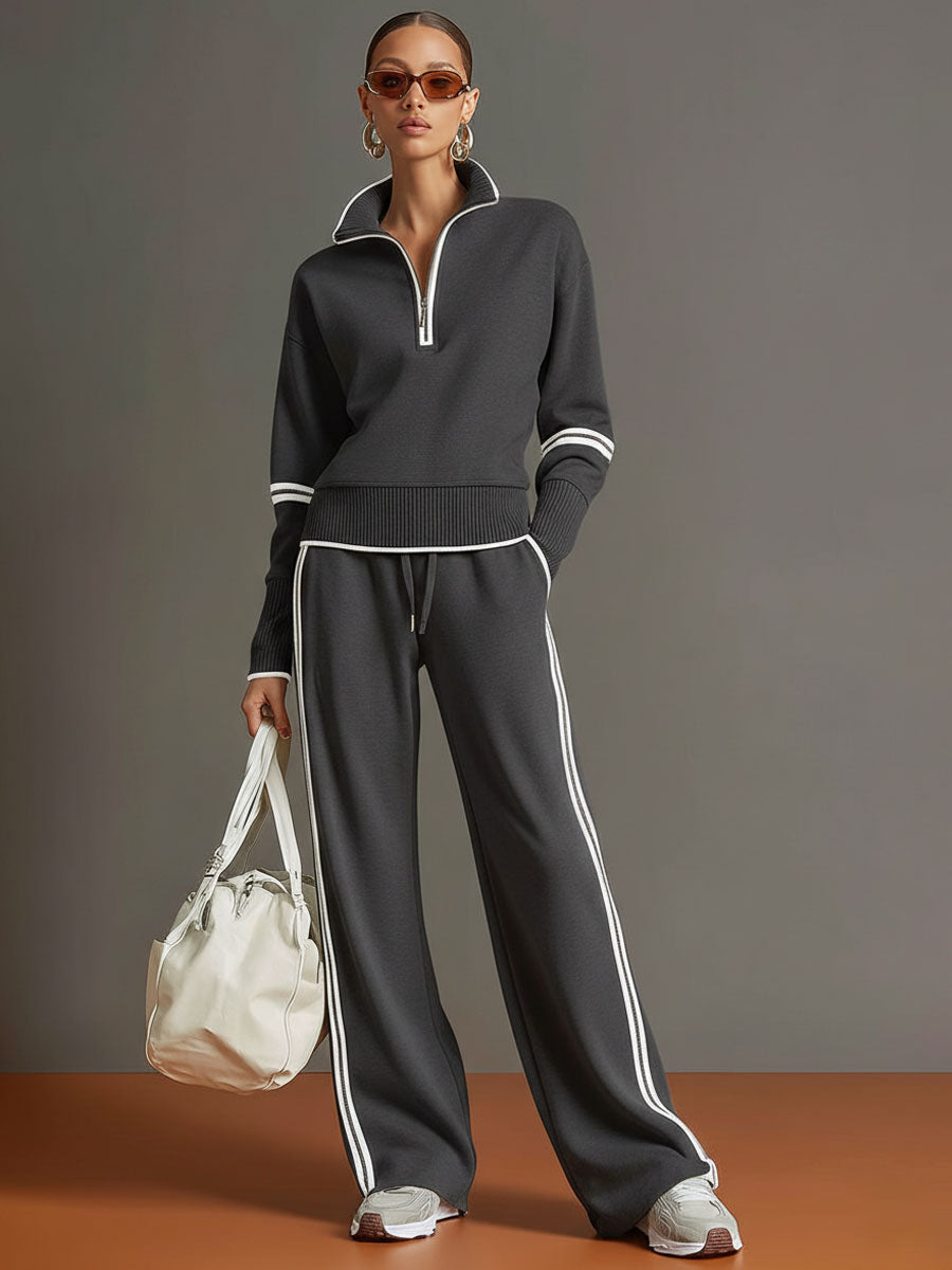 Ensemble sweat demi-zip et pantalon large à bandes gris foncé pour femme