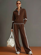 Ensemble sweat demi-zip et pantalon large à bandes marron pour femme