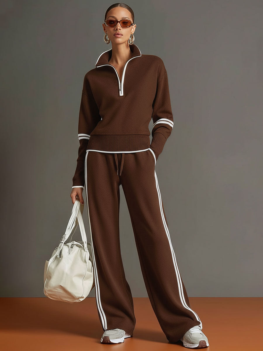 Ensemble sweat demi-zip et pantalon large à bandes marron pour femme