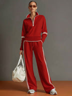 Ensemble sweat demi-zip et pantalon large à bandes rouge pour femme