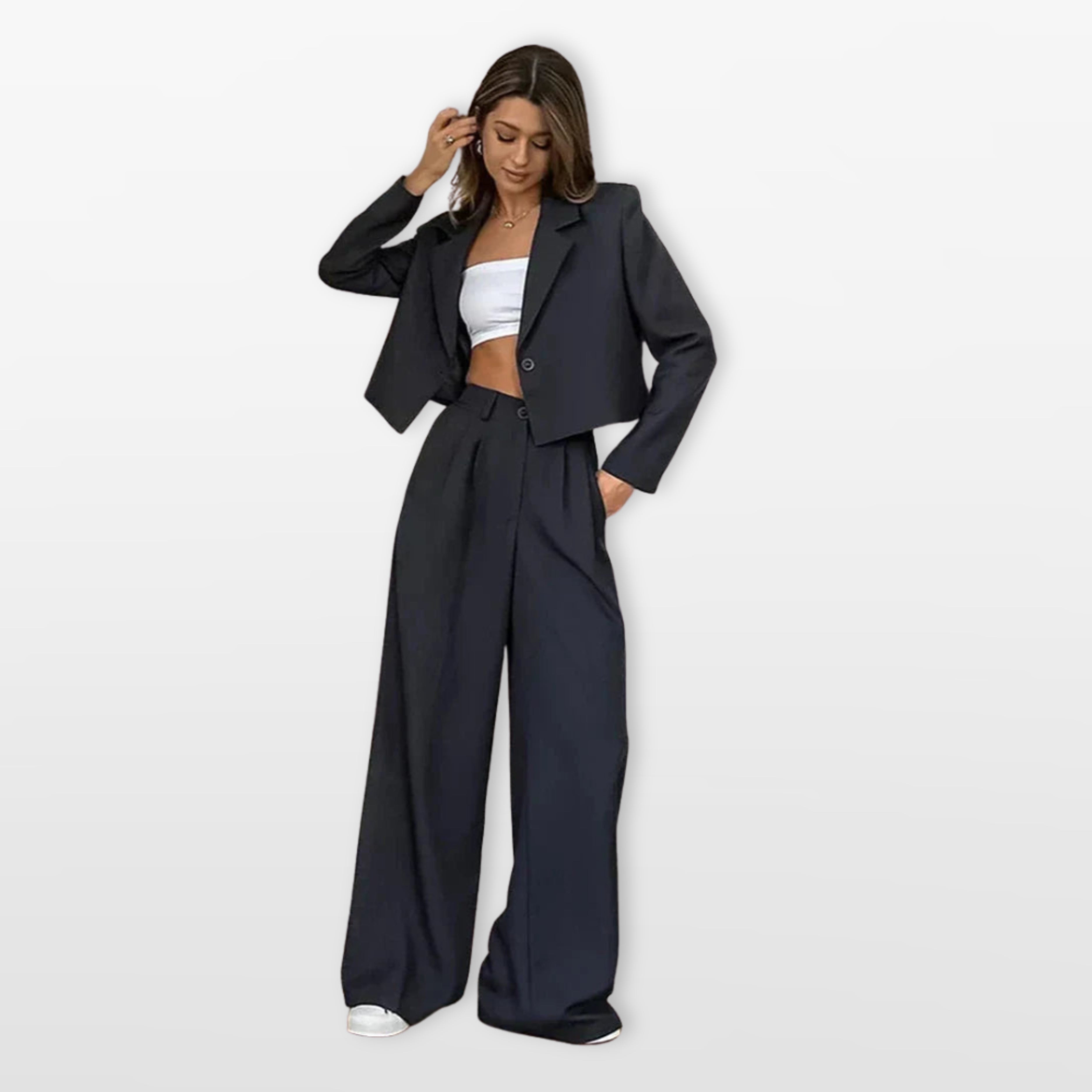 Ensemble tailleur veste courte pantalon large pour femme