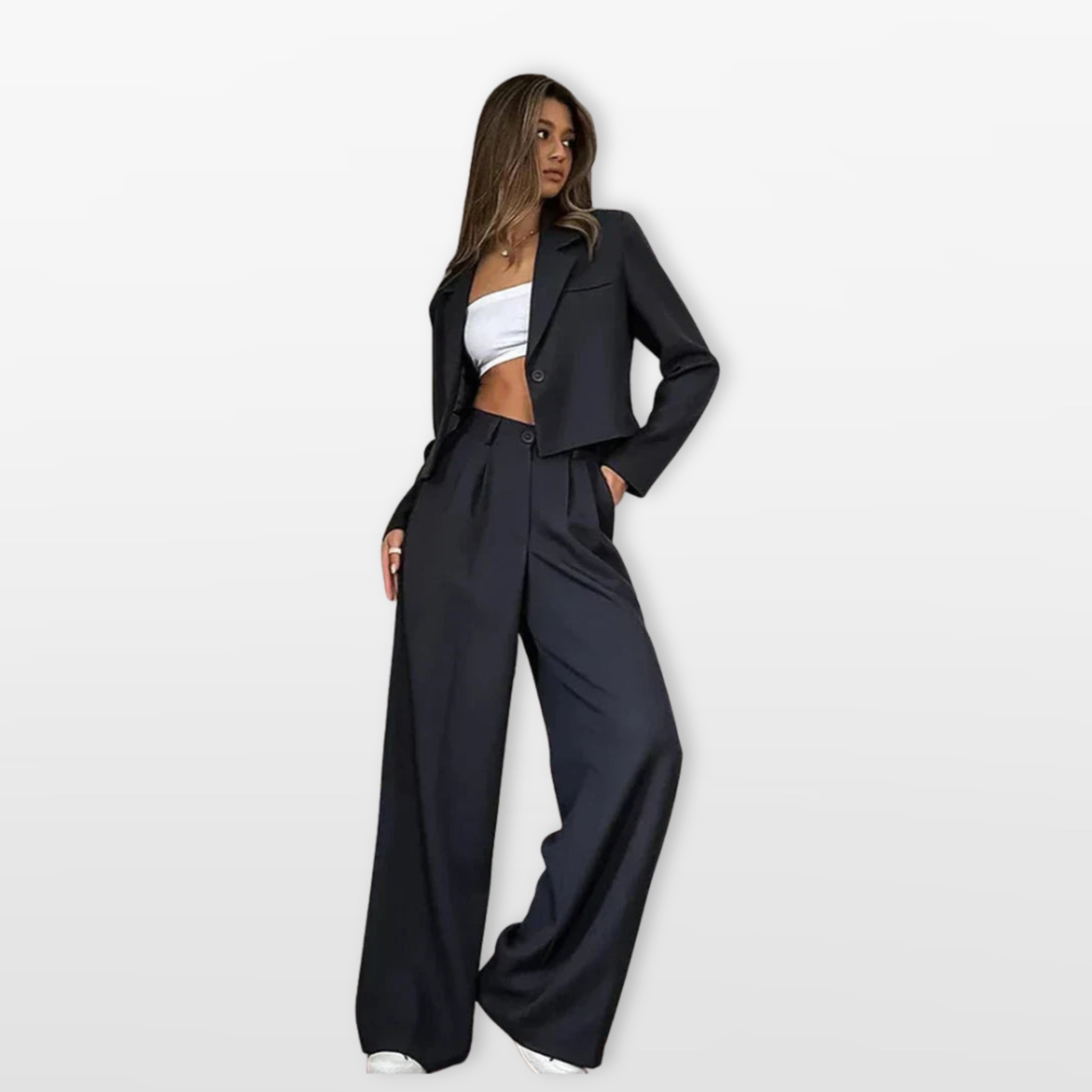 Ensemble tailleur veste courte pantalon large pour femme