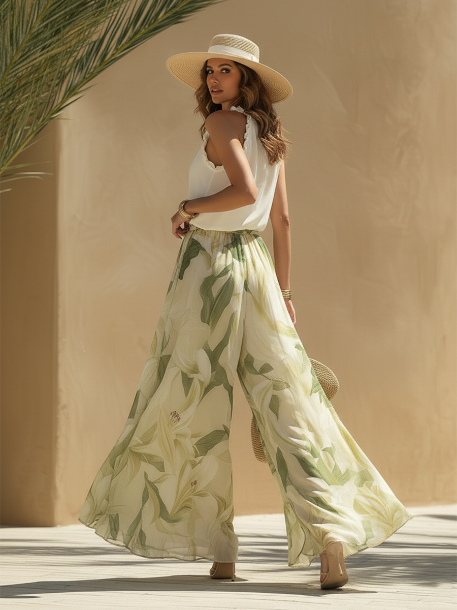 Ensemble top et pantalon large fleuri pour femme