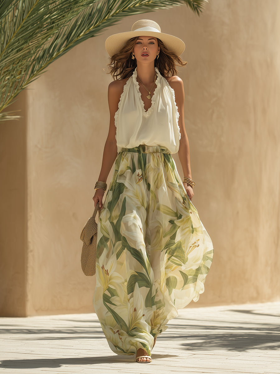 Ensemble top et pantalon large fleuri pour femme