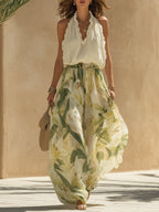 Ensemble top et pantalon large fleuri pour femme