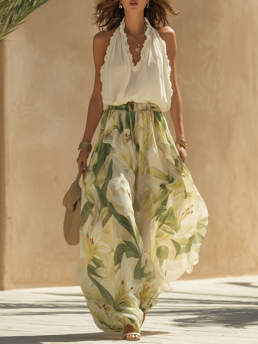 Ensemble top et pantalon large fleuri pour femme