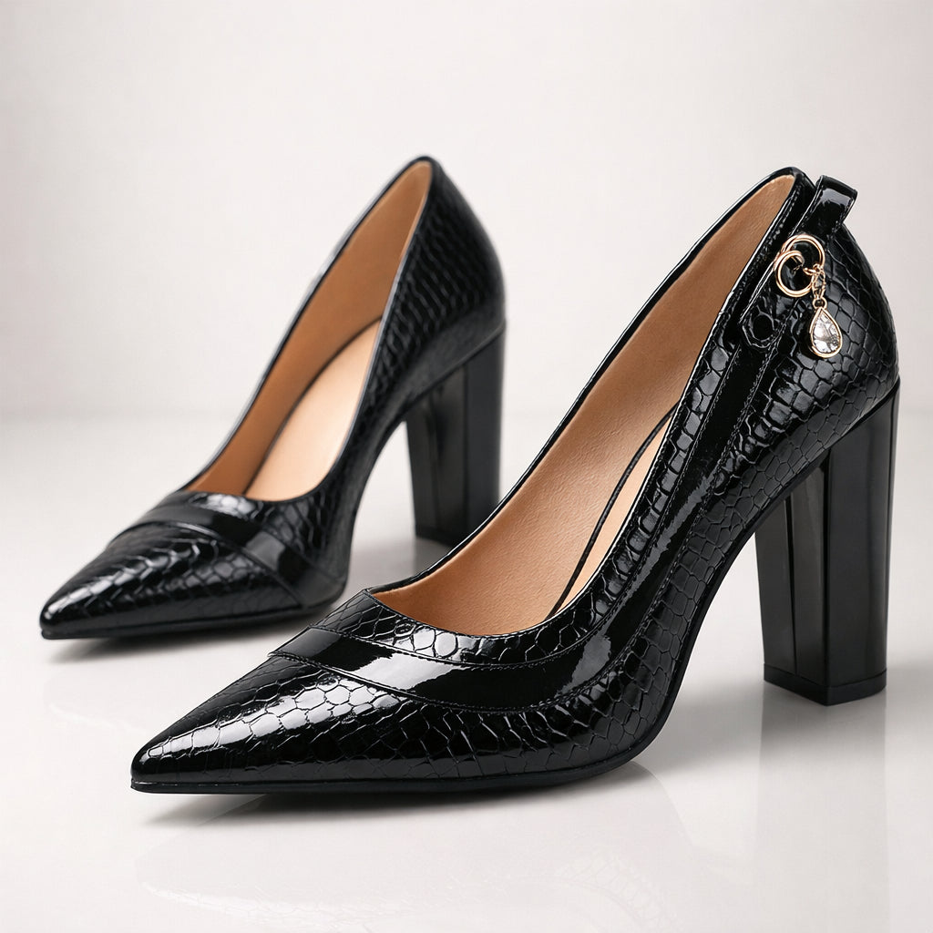 Escarpins vernis effet croco à talon bloc pour femme