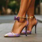 Escarpins bout pointu bride T nœud lavande pour femme