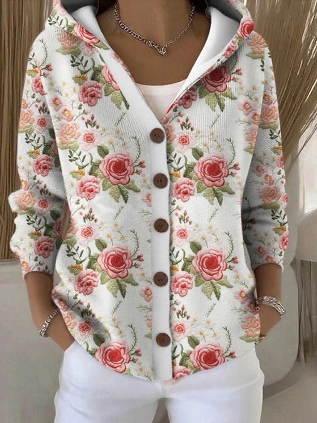 Gilet à capuche boutonné motifs abstraits colorés rose pour femme