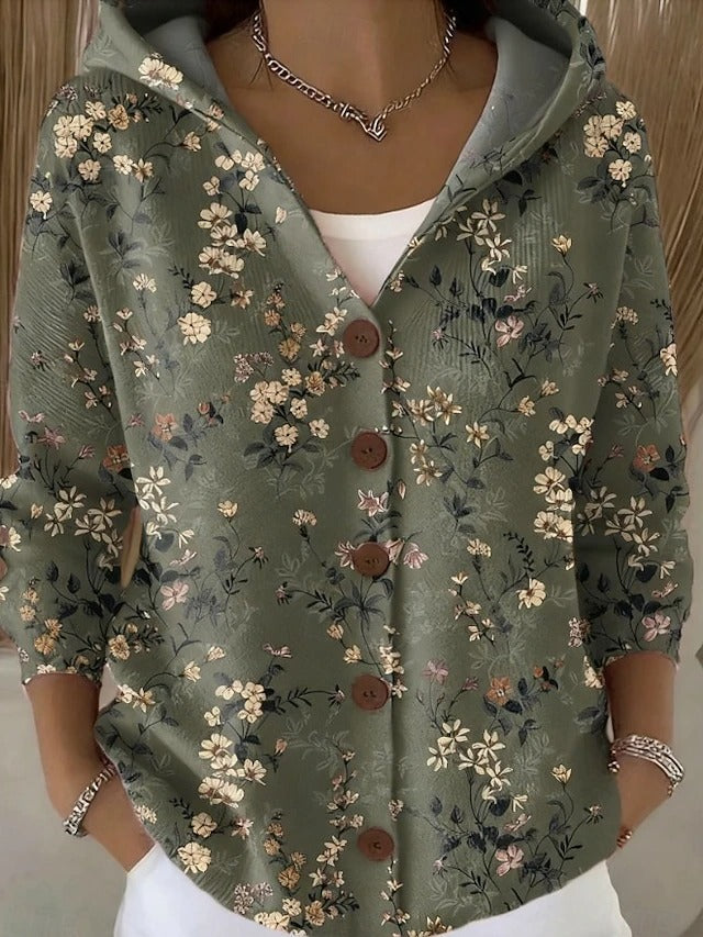 Gilet à capuche boutonné motifs abstraits colorés vert foncé pour femme