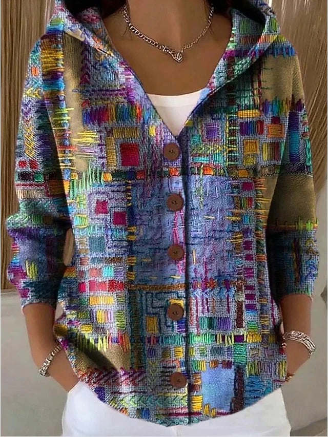 Gilet à capuche boutonné motifs abstraits colorés violet pour femme