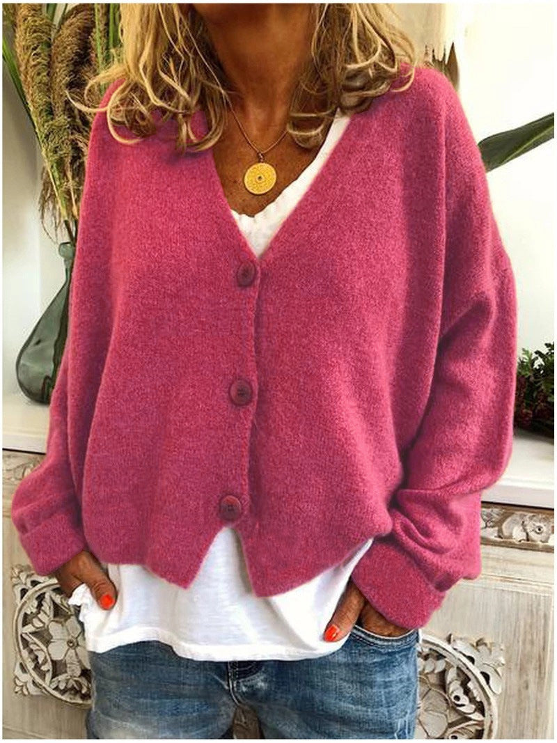 Gilet boutonné col V décontracté rose bonbon pour femme