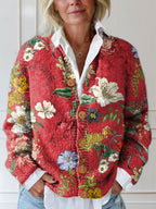 Gilet boutonné imprimé floral matelassé rouge pour femme