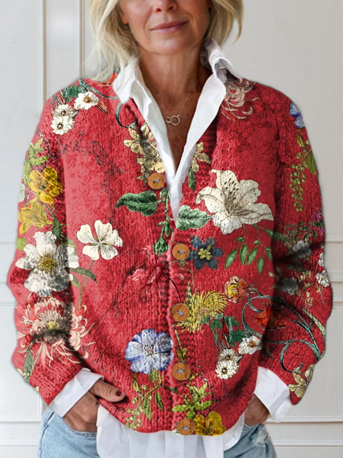 Gilet boutonné imprimé floral matelassé rouge pour femme