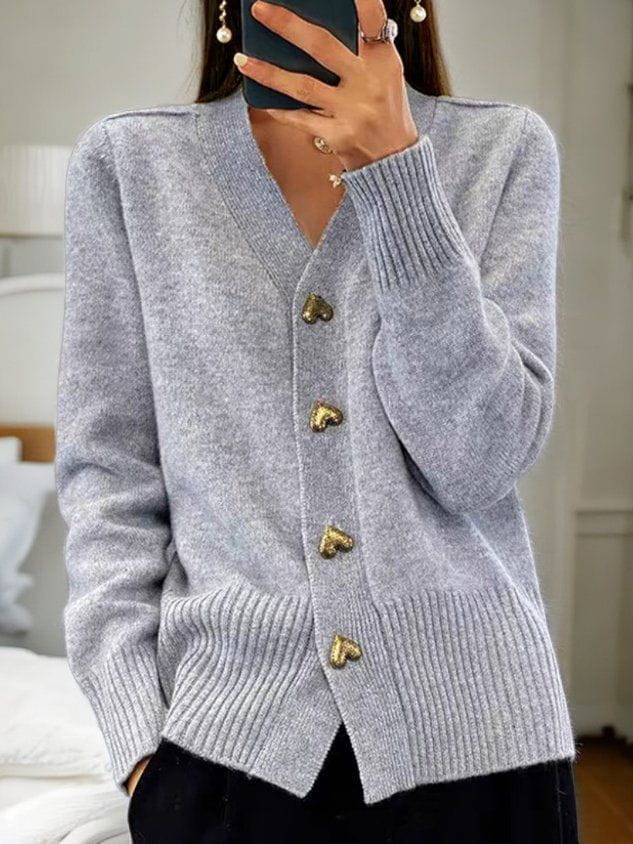 Gilet col V boutons cœur côtes gris pour femme