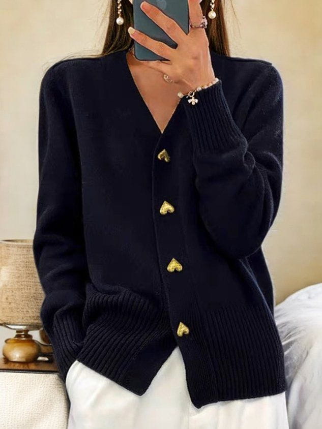 Gilet col V boutons cœur côtes noir pour femme