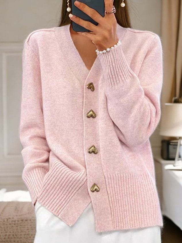 Gilet col V boutons cœur côtes rose pour femme