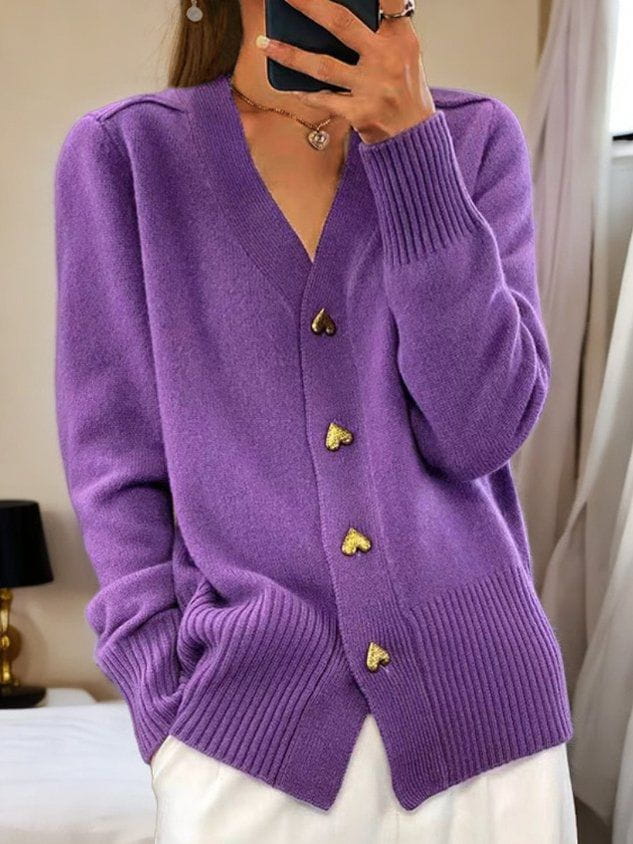 Gilet col V boutons cœur côtes violet pour femme