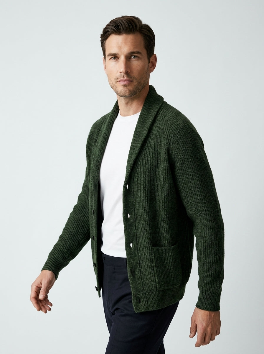 Gilet col châle côtelé boutonné vert pour homme