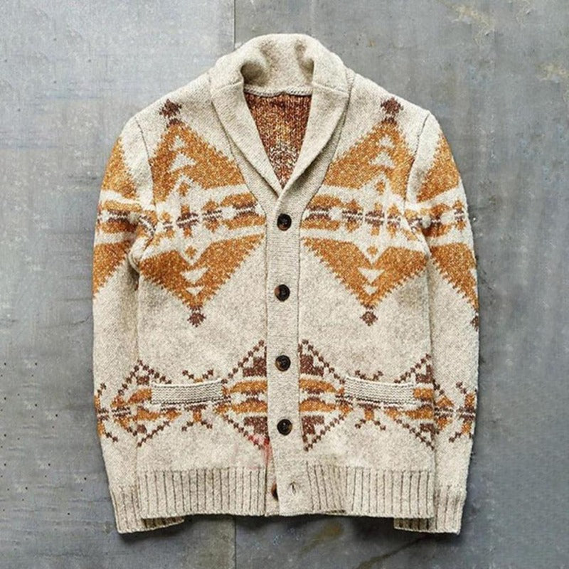 Gilet col châle motif géométrique boutonné beige pour homme