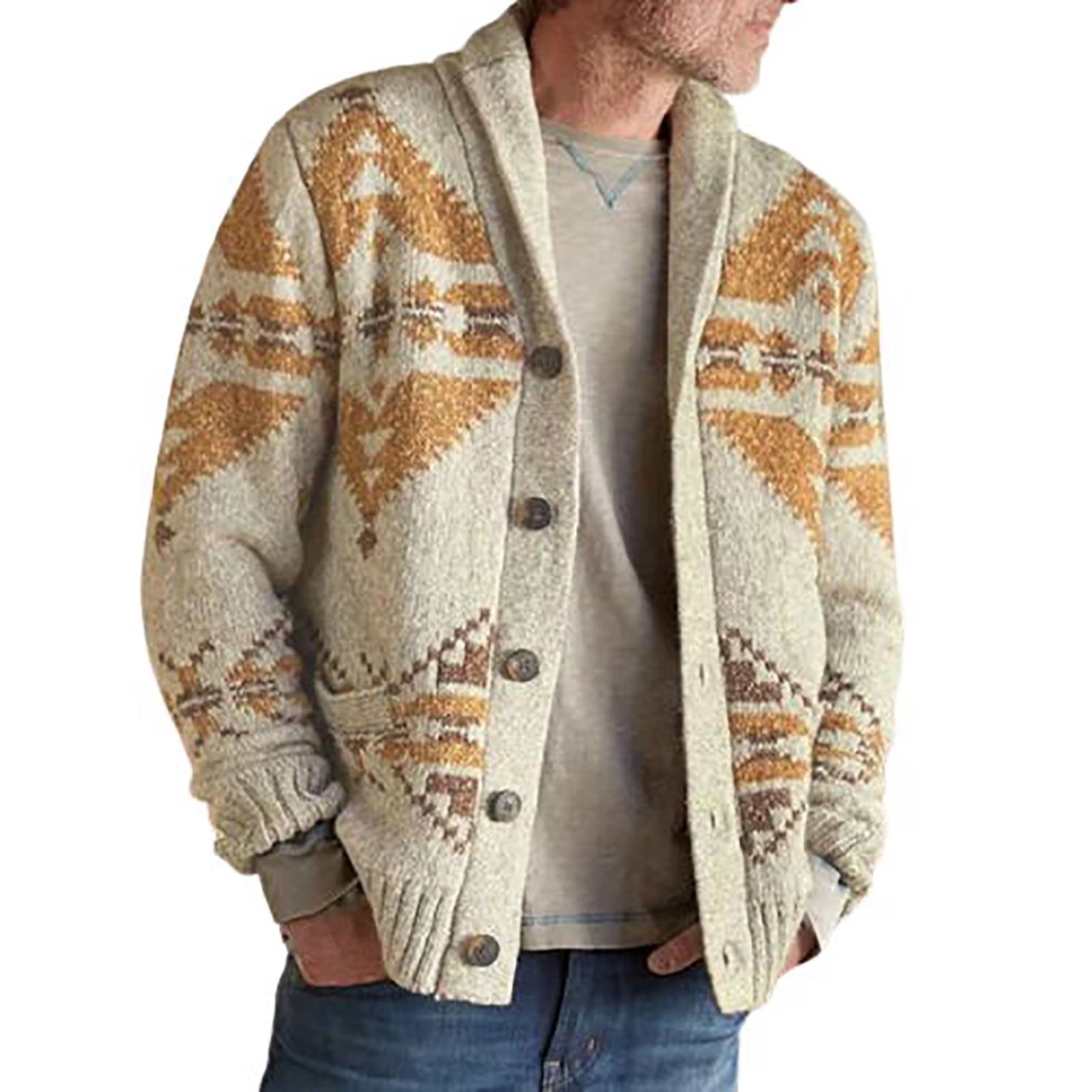 Gilet col châle motif géométrique boutonné pour homme