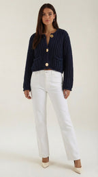 Gilet court côtelé boutons dorés bleu foncé pour femme