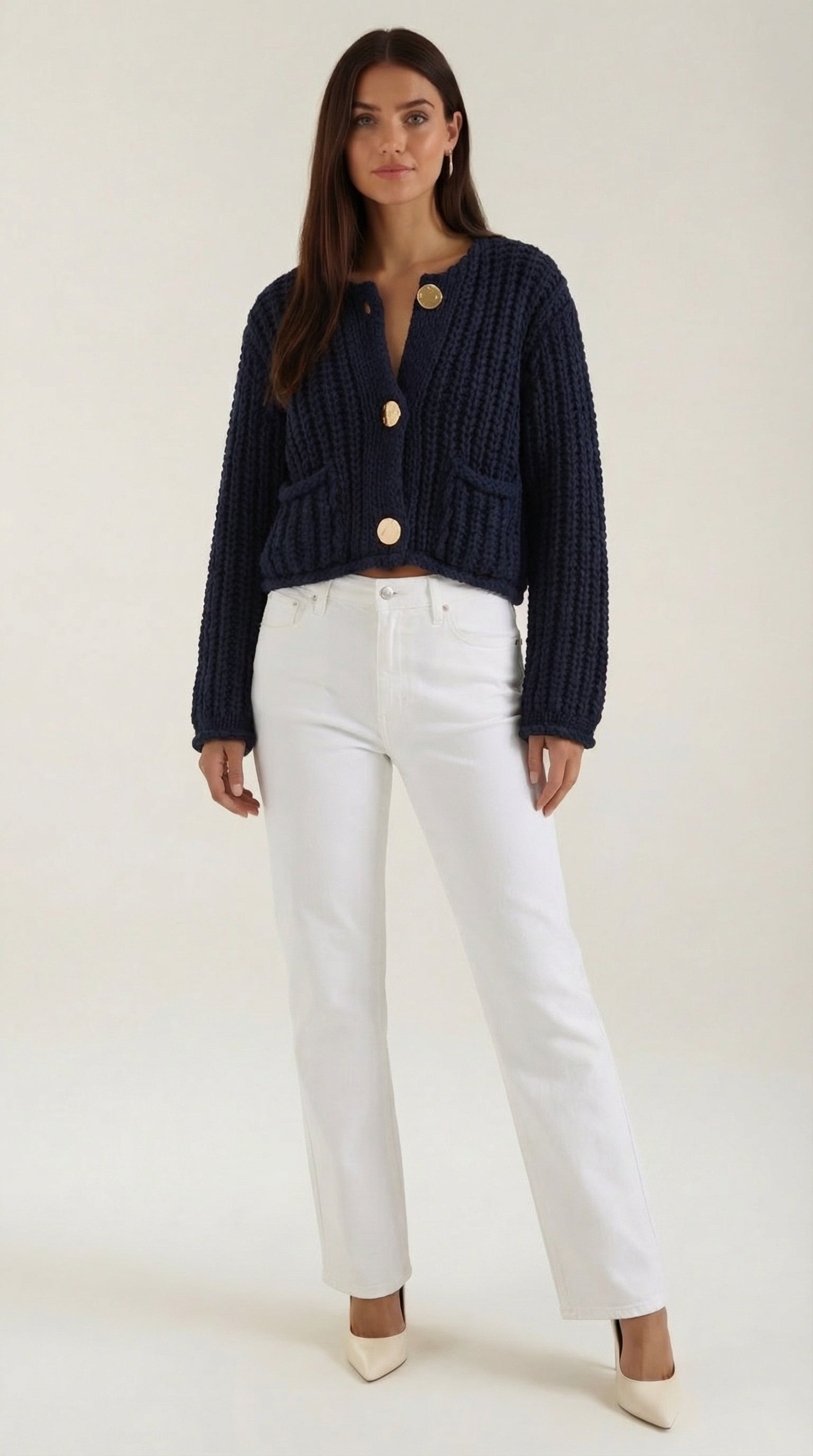 Gilet court côtelé boutons dorés bleu foncé pour femme
