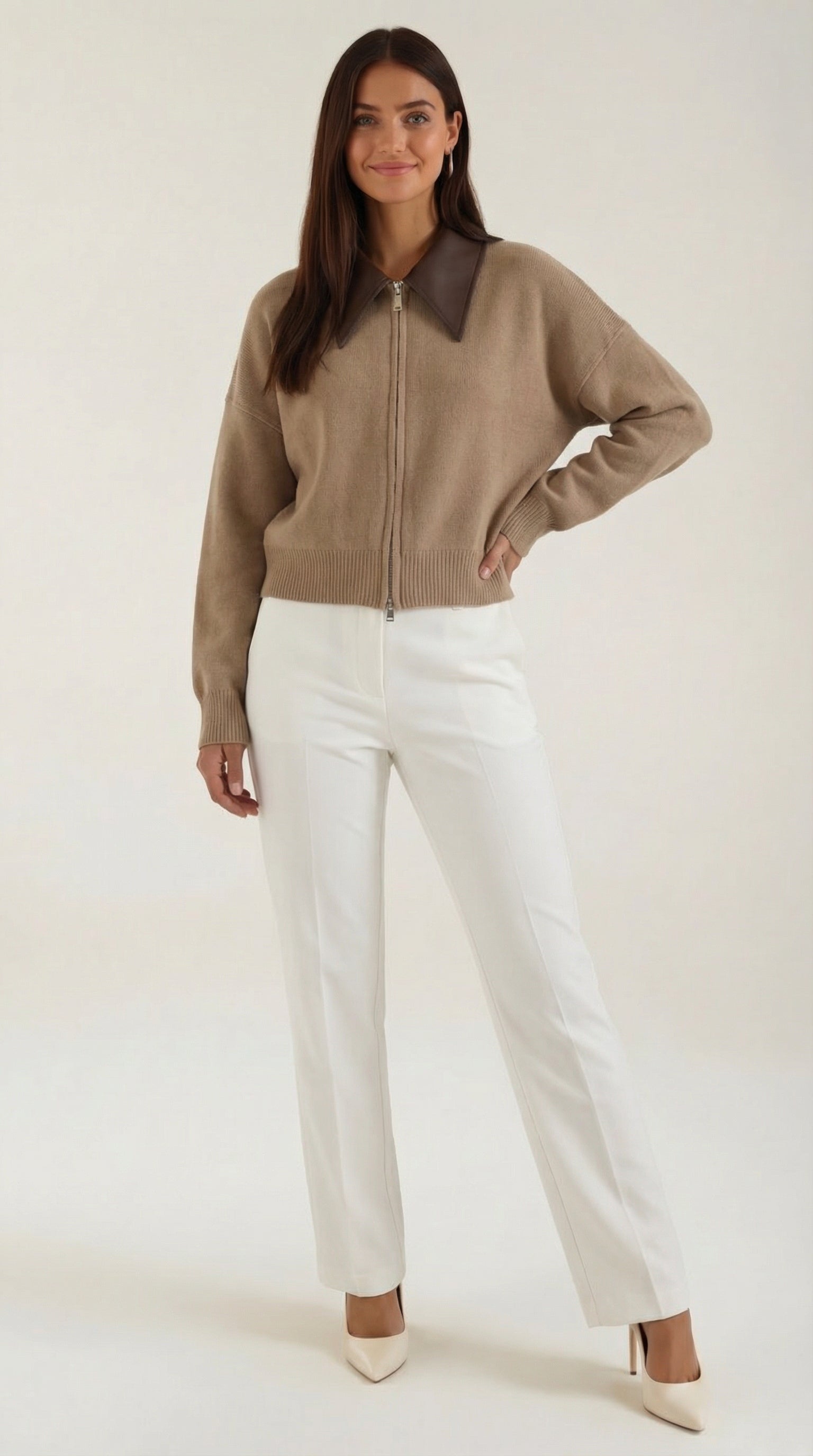 Gilet court zippé col contrasté marron clair pour femme