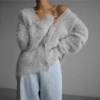 Gilet doux col V oversize à boutons gris clair pour femme