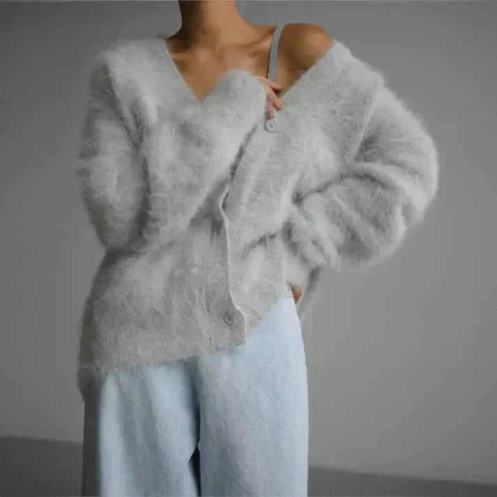 Gilet doux col V oversize à boutons gris clair pour femme