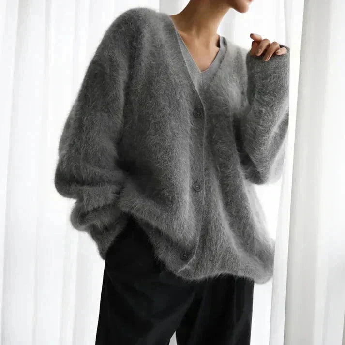 Gilet doux col V oversize à boutons gris foncé pour femme