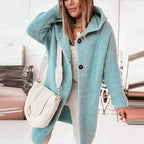Gilet long à capuche avec fermeture boutonnée bleu pour femme
