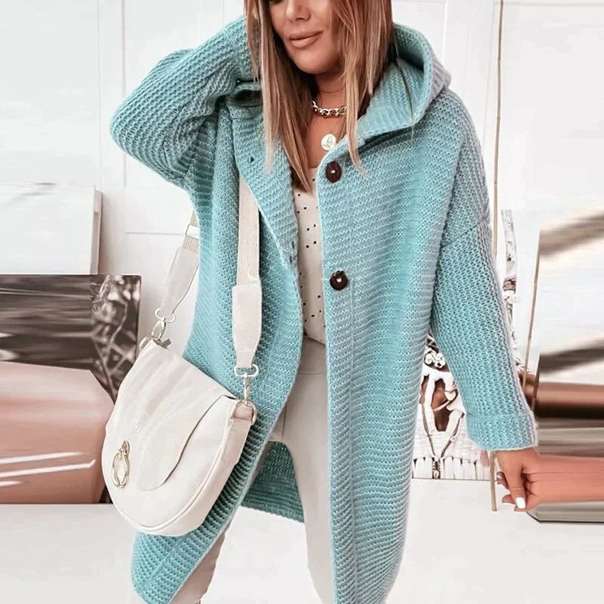 Gilet long à capuche avec fermeture boutonnée bleu pour femme