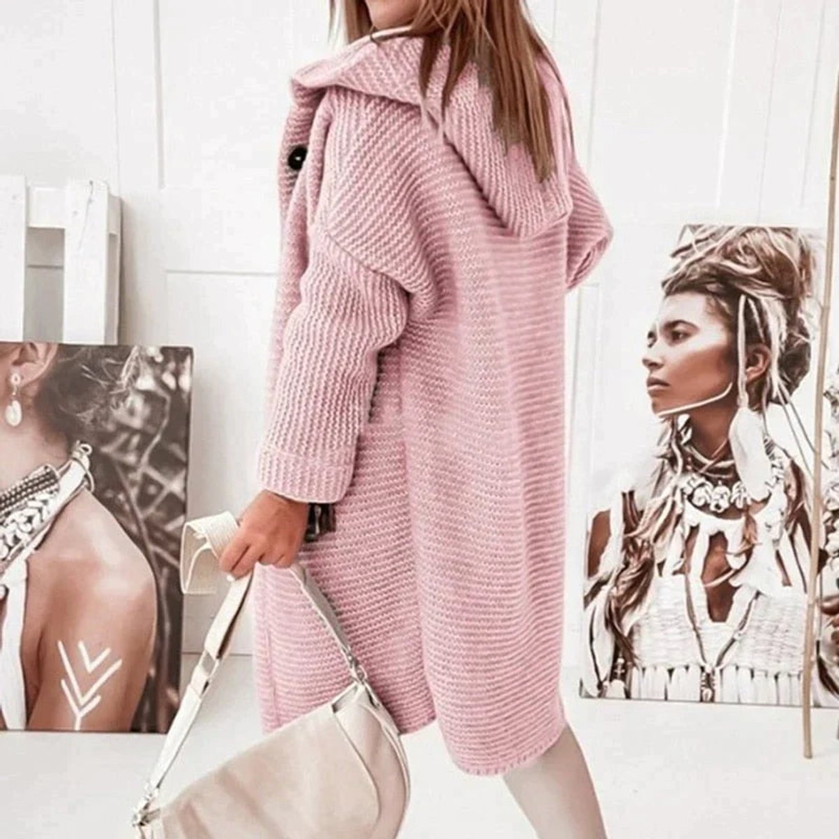 Gilet long à capuche avec fermeture boutonnée pour femme – vue 3