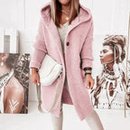 Gilet long à capuche avec fermeture boutonnée rose pour femme